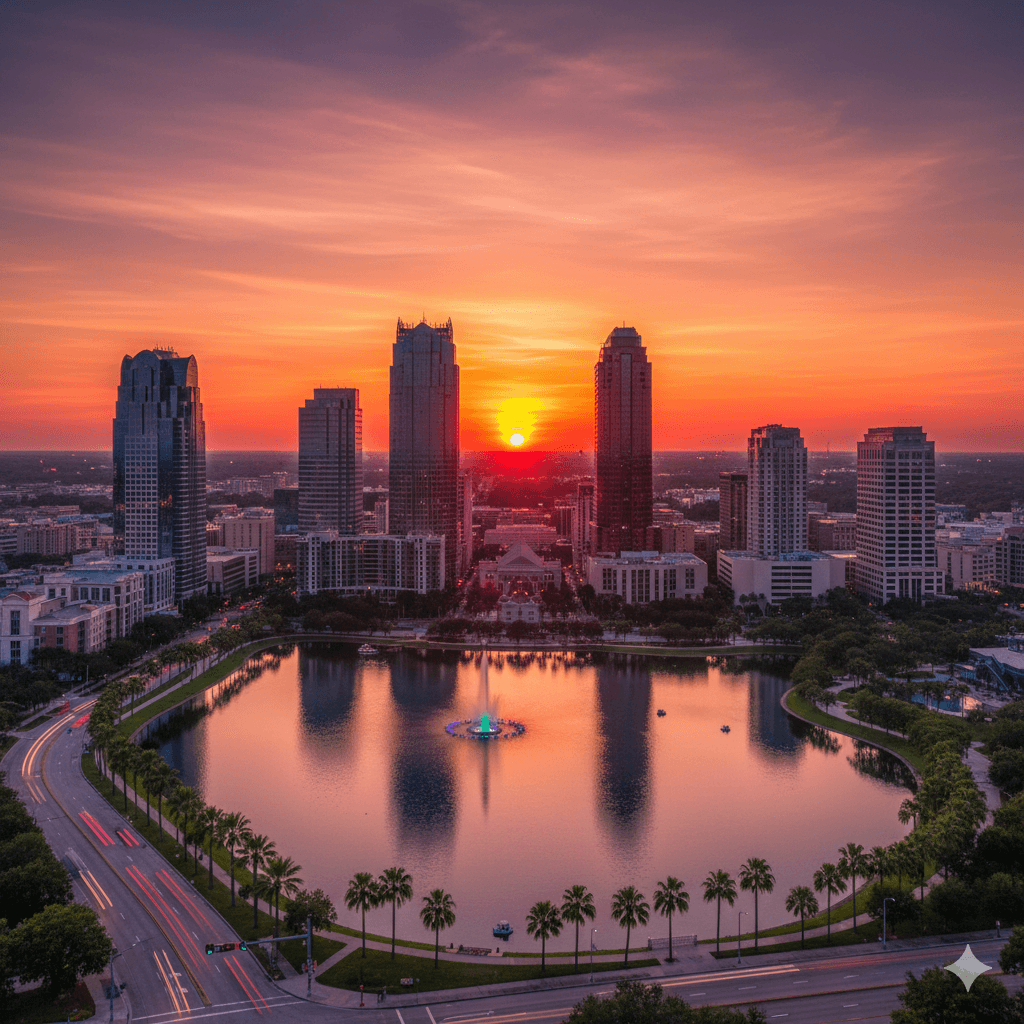 Downtown Orlando skyline at sunset — the Central Florida community HOV Law serves